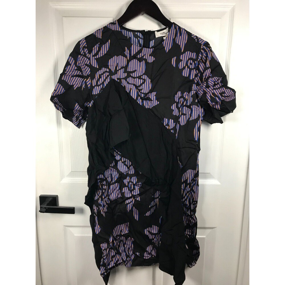 Diane von Furstenberg DVF Bennett Black S/S Ruffle Front Mini DRS Size 8 Dress